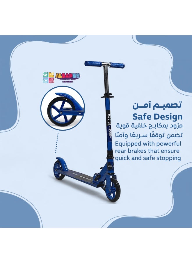 البدر سكوتر دفع للاطفال من البدر، سكوتر قابل للطي بـ3 ارتفاعات قابلة للتعديل، مع عجلتين صامتتين بقطر كبير من البولي يوريثين وسطح مضاد للانزلاق، مناسب للاولاد والبنات من سن 5 الى 14 سنة وحتى 100 كجم، ازرق - Image 3